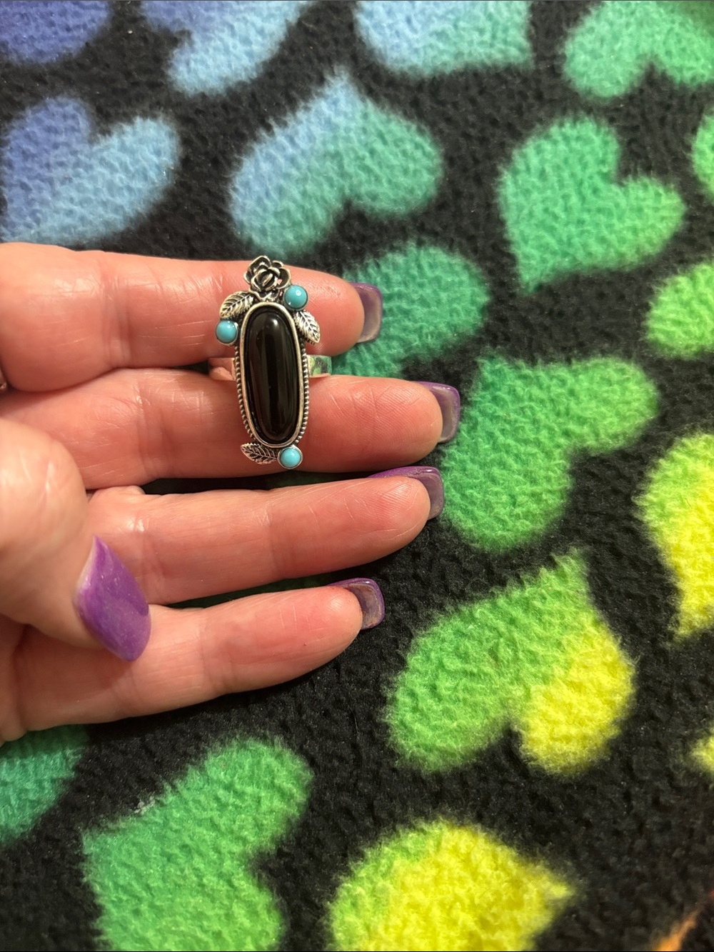 Silver tone Black Onyx & Turquoise Statement Ring